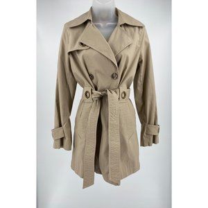 Via Spiga Sz XS Khaki Tan Trench Coat Womens Belted Floral Lining Double Breaste